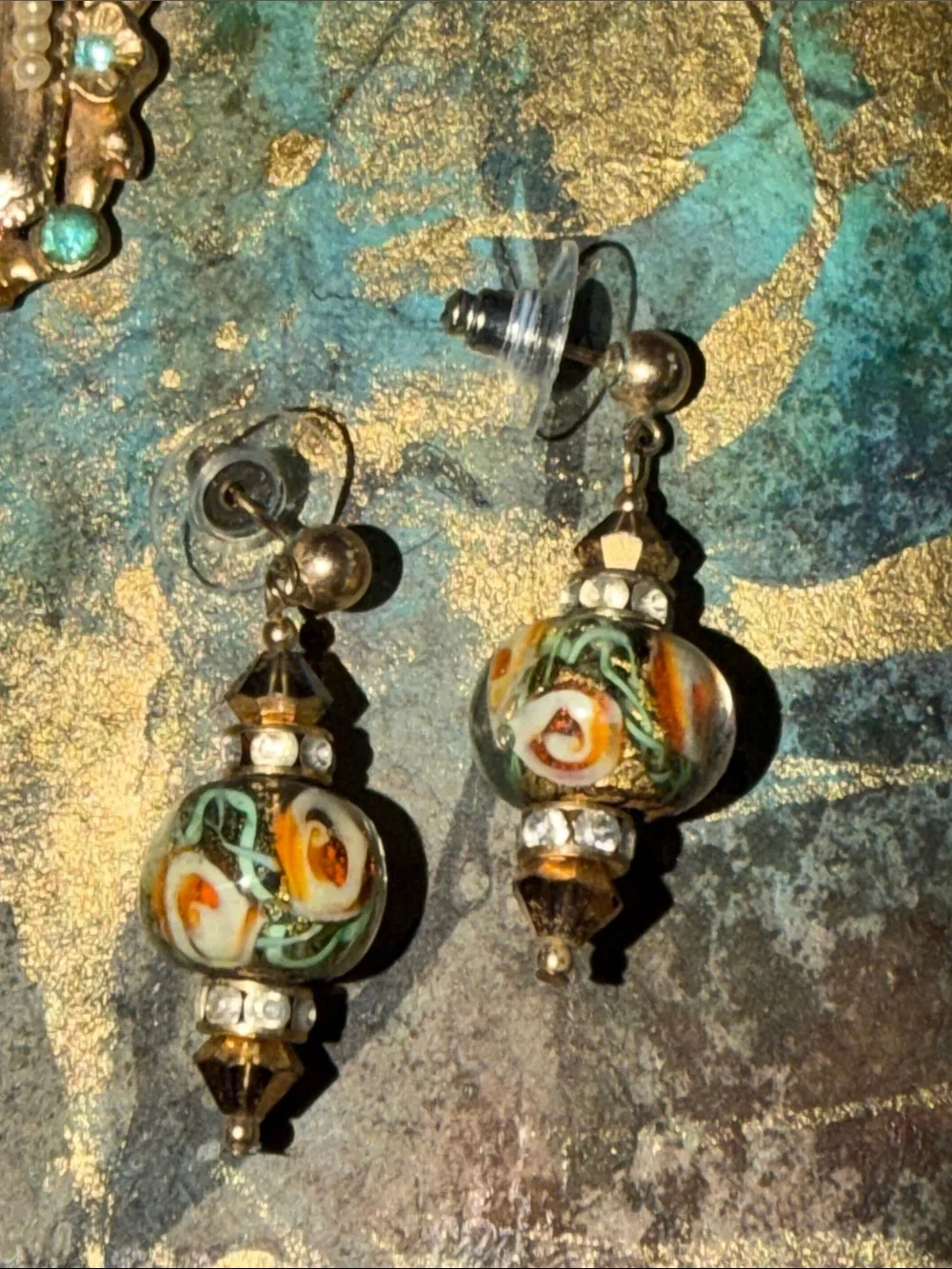 Handmade blown glass orange flowers crystal rhondelles posts pierced earrings